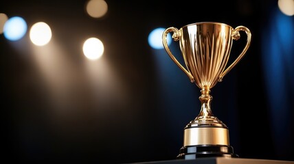 Golden trophy on stage with spotlight beams in background