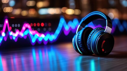 Black headphones on reflective surface with colorful audio waveform