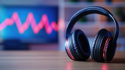 Black headphones with red lighting on wooden surface in front of blurred monitor displaying soundwave
