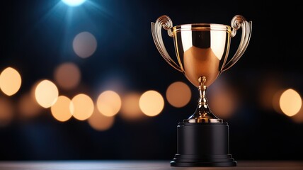 Golden trophy cup with bokeh lights in background, symbolizing victory and achievement