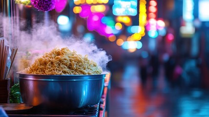 Steaming bowl of noodles at night market with vibrant neon lights in background
