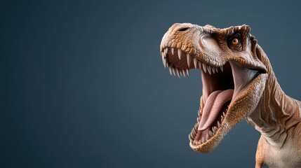Realistic T-Rex Dinosaur Head with Open Mouth Displaying Teeth Against a Plain Background