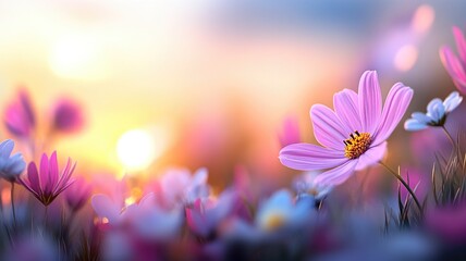 Vibrant pink and white flowers bloom in sunny meadow
