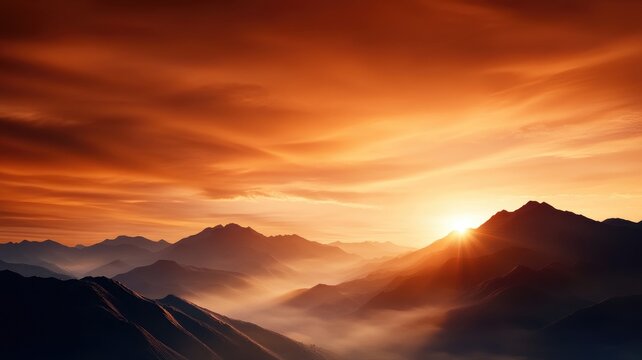 Majestic sun setting over misty mountain range with vibrant orange sky