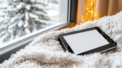 Tablet on cozy blanket by window in snowy winter scene with holiday lights