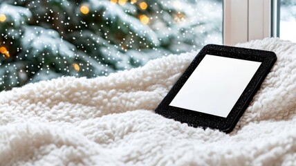 E-reader on cozy blanket with snow outside window Winter, Christmas
