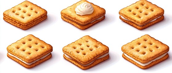 Six square cookies with creamy filling, shown from different angles.  Sweet treat