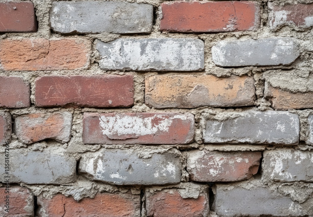 Poster a close-up view of a weathered red brick wall showcasing various shades of red and gray. ideal for b
