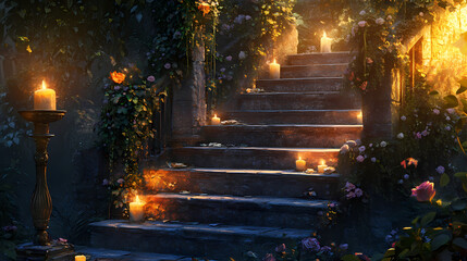 Obraz premium Candles and flowers adorn ancient stone staircase, warm glow, ancient, twilight. Twilight Stone. Illustration