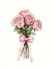 Fototapeta premium romantic watercolor pencil drawing of a small bouquet of roses tied with ribbon, vintage feel, soft pink and beige hues