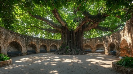 Obraz premium Ancient Tree in Enclosed Courtyard