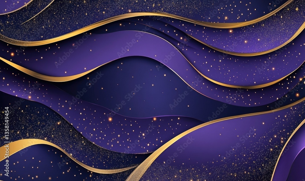 Poster abstract design featuring flowing waves of deep purple and shimmering gold elements. adorned with st