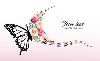 Beautiful natural abstract background. Butterfly with wings made of colorful flowers. Vector.