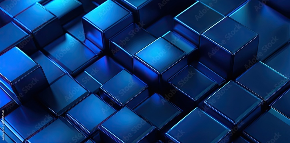 Poster a vibrant arrangement of blue cubes in various shades. creating a dynamic 3d effect. suitable for te