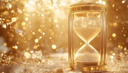 Time passing is illustrated by a golden hourglass on a dark background, accompanied by glittering particles, and can be utilized in business,