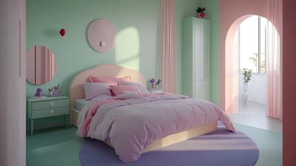 Pastel Bedroom Featuring Soft Pink Bedding and Mint Green Accents