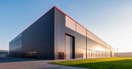 Industrial estate with symmetrical metal warehouses and clean surroundings