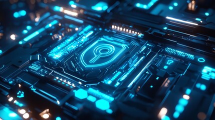Fototapeta premium Cyber security hologram interface, close-up of a virtual shield and key, neon blue lighting, ultra-modern tech environment, glowing particles