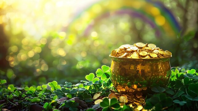 Vibrant St. Patricks Day banner featuring a pot of shimmering gold coins, surrounded by lush clover leaves and a bright rainbow arch, festive mood