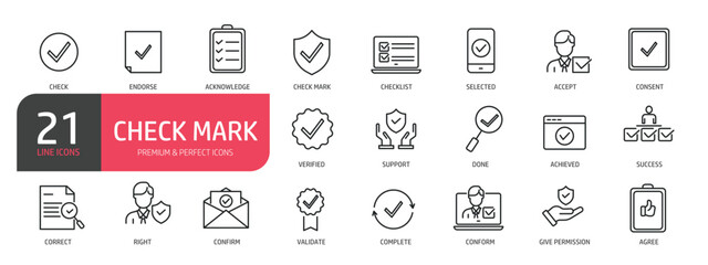Set of line icons related to check mark, approve, checklist, validate. Outline icons collection. Editable stroke. Vector illustration