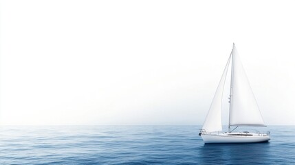 Fototapeta premium Serene Sailboat Gliding Over Calm Blue Water Under Bright Clear Sky at Dawn or Dusk on Tranquil Ocean Horizon