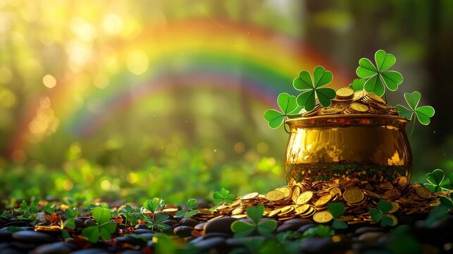 Vibrant St. Patricks Day banner featuring a pot of shimmering gold coins, surrounded by lush clover leaves and a bright rainbow arch, festive mood