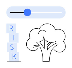 Slider controlling risk level, tree representation, and stacked RISK blocks. Ideal for decision-making, sustainability, business planning, risk assessment, environmental goals, investments