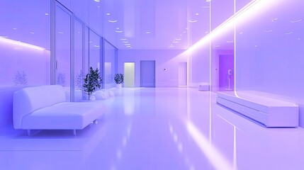Modern futuristic hallway with purple lighting and white furniture