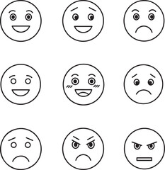 Emoticon icon set, with outline, isolated on white background, vector