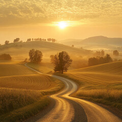 Fototapeta premium Winding road through golden fields at sunrise