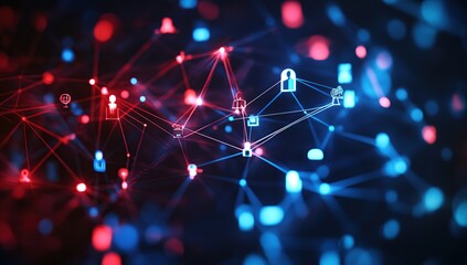 Abstract Network Security Data Visualization with Red and Blue Glowing Nodes
