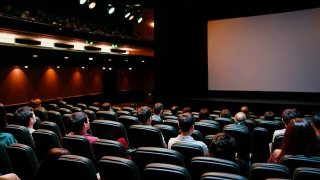 Wide-angle shot of a cinema audience facing a large screen, capturing the immersive experience of watching a video in a theater setting.