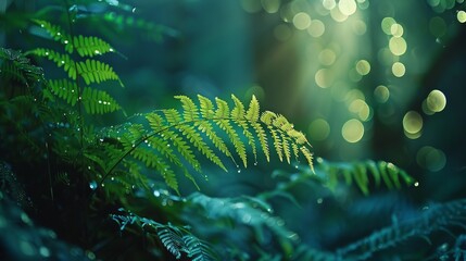Enchanted Fern Forest: Dew Drops & Bokeh Lights In A Serene Green Scene