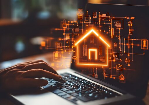 A person is using a laptop with a smart home display