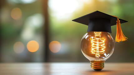 glowing light bulb topped with a graduation cap shines brightly against a white background, symbolizing the fusion of knowledge, innovation, and bright ideas, representing education and intellectual s