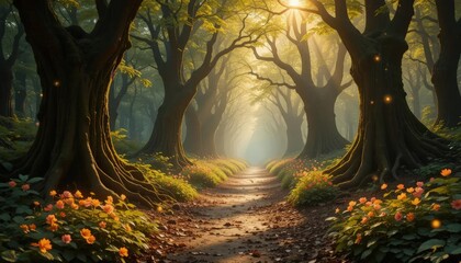 golden rays cascade through verdant tapestry of a lush woodland, casting ethereal patterns of luminescence upon enchanted forest floor