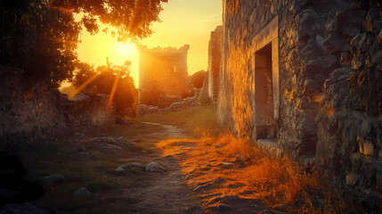 The sun sets over an ancient fortress, casting warm light on the weathered stone walls and winding paths, evoking a sense of history and timelessness. Ancient Wound. Illustration