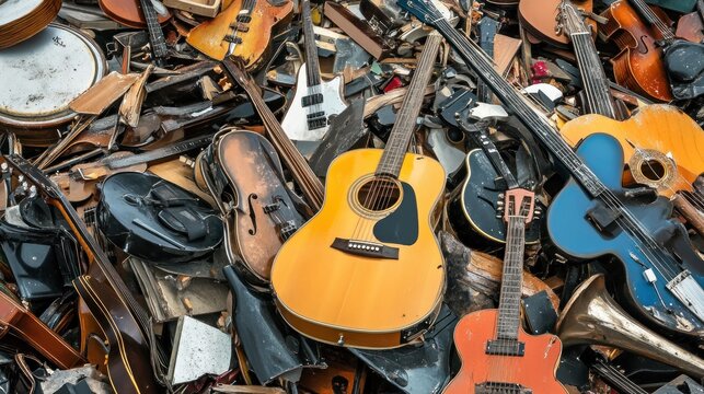 A Pile of Broken and Damaged Musical Instruments