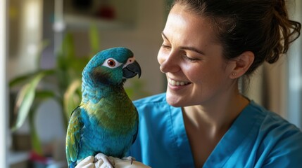 Caregiver Smiling at Colorful Parrot in Bright Room with Green Plants and Natural Light