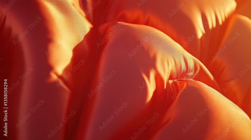 Poster close-up view of vibrant orange textured fabric with soft pleats and folds for design and textile us