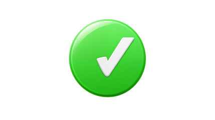A glossy green circle with a white check mark in the center against a black background spaceisolated on transparent background	