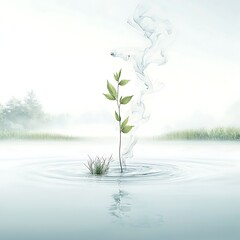 Plant Sprouting with Misty Lake.