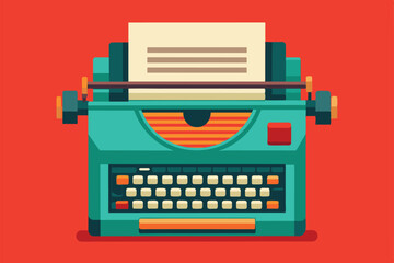 A flat design typewriter with customizable features is placed against a bright red backdrop, showcasing creativity, Typewriter Customizable Flat Illustration