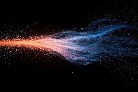 data stream burst, abstract lines of transmission across digital space, glowing energy pathways and floating information particles