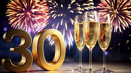 Golden number 30 celebration with champagne flutes and fireworks. Milestone anniversary marked by sparkling wine and colorful pyrotechnics display Concept event planning, milestone celebrations, party