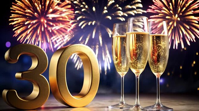 Golden number 30 celebration with champagne flutes and fireworks. Milestone anniversary marked by sparkling wine and colorful pyrotechnics display Concept event planning, milestone celebrations, party