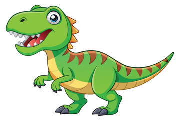 A cheerful cartoon tyrannosaurus with green scales and bright eyes stands smiling on a white background, Tyrannosaurus cartoon on white background