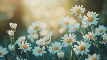 Sunlit daisies in bloom: serene morning garden scene with soft light.