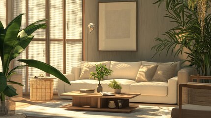 Sunlit Minimalist Living Room with Beige Sofa and Plants