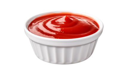 Close up of a small white ramekin filled with bright red ketchup on a black backgroundisolated on transparent background	